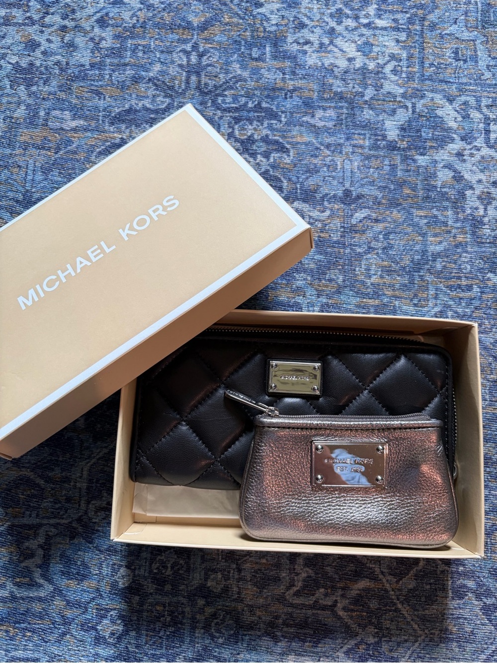 Michael Kors Black Quilted Zip Wallet with Metallic Silver Coin Pouch